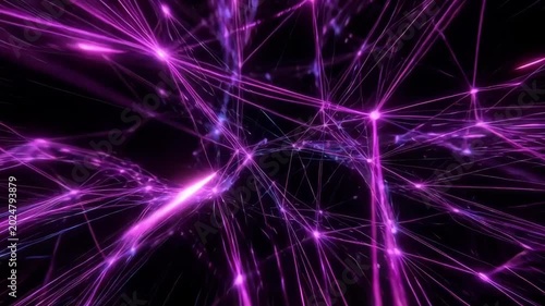 Tracking shot of glowing network strands pulsing and flowing through abstract digital space with neon purple and blue nodes and converging light trails