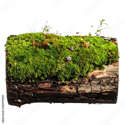 Close up of moss covered log with green plants on white background