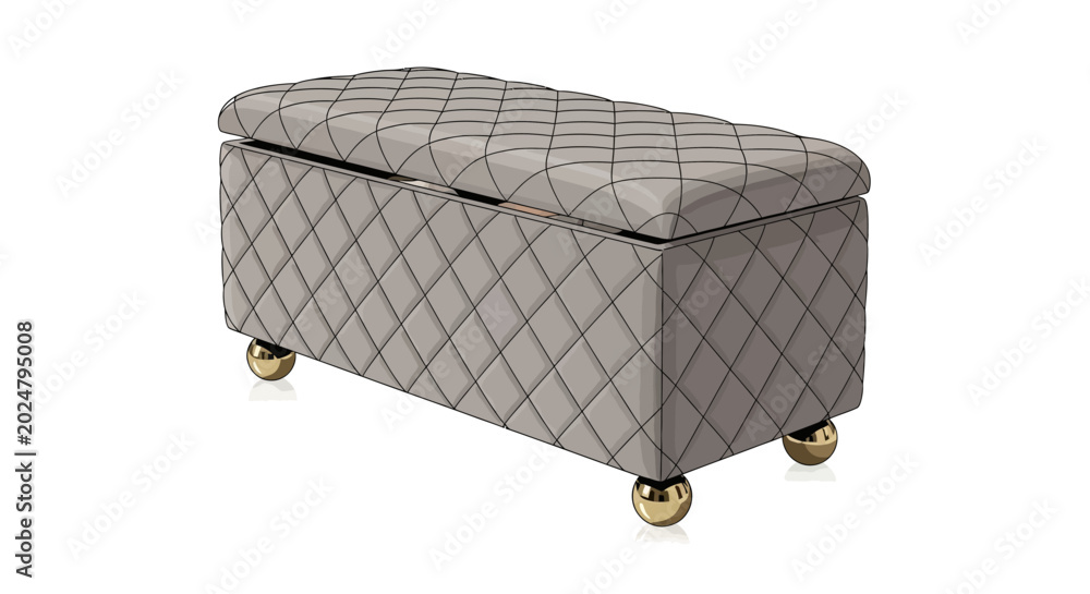 Fototapeta premium Elegant quilted ottoman with golden legs on white background