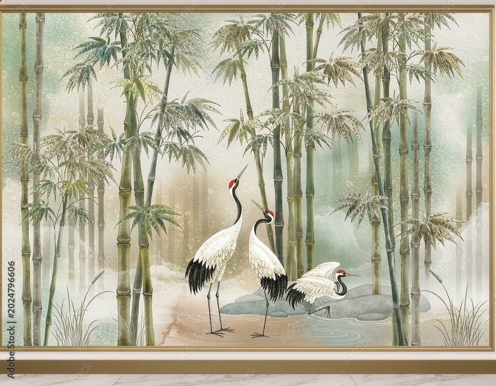 Naklejka premium Elegant oriental mural with bamboo forest and cranes