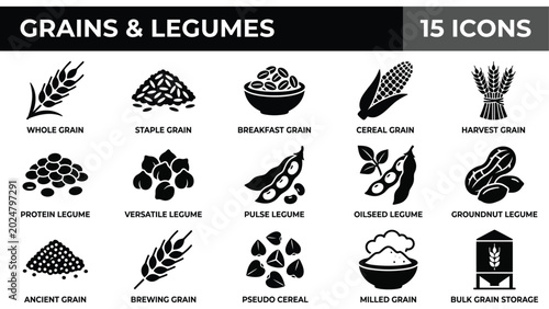 Bild auf Leinwand Set of 15 Hand-Drawn Grains and Legumes Icons in Black and White Line Art Style