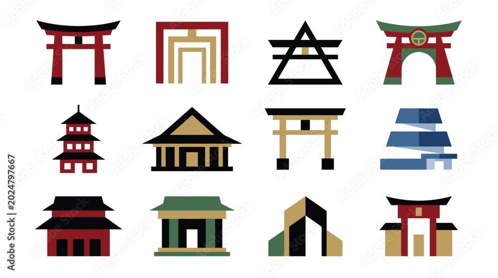 Obraz premium Collection of pixel art representations of Japanese architecture and cultural symbols, featuring torii gates, pagodas, and traditional buildings, in a flat design style