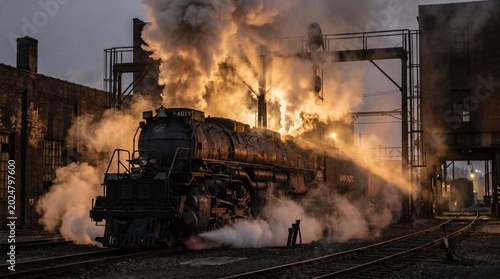 Obraz na płótnie Powerful Union Pacific Big Boy steam locomotive 4014 majestically releases billows of golden glowing smoke and steam at dusk within an industrial railyard