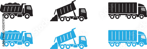 Tableau sur toile Heavy Duty Truck Icon Set with Dump Truck Cargo Transport and Industrial Vehicle