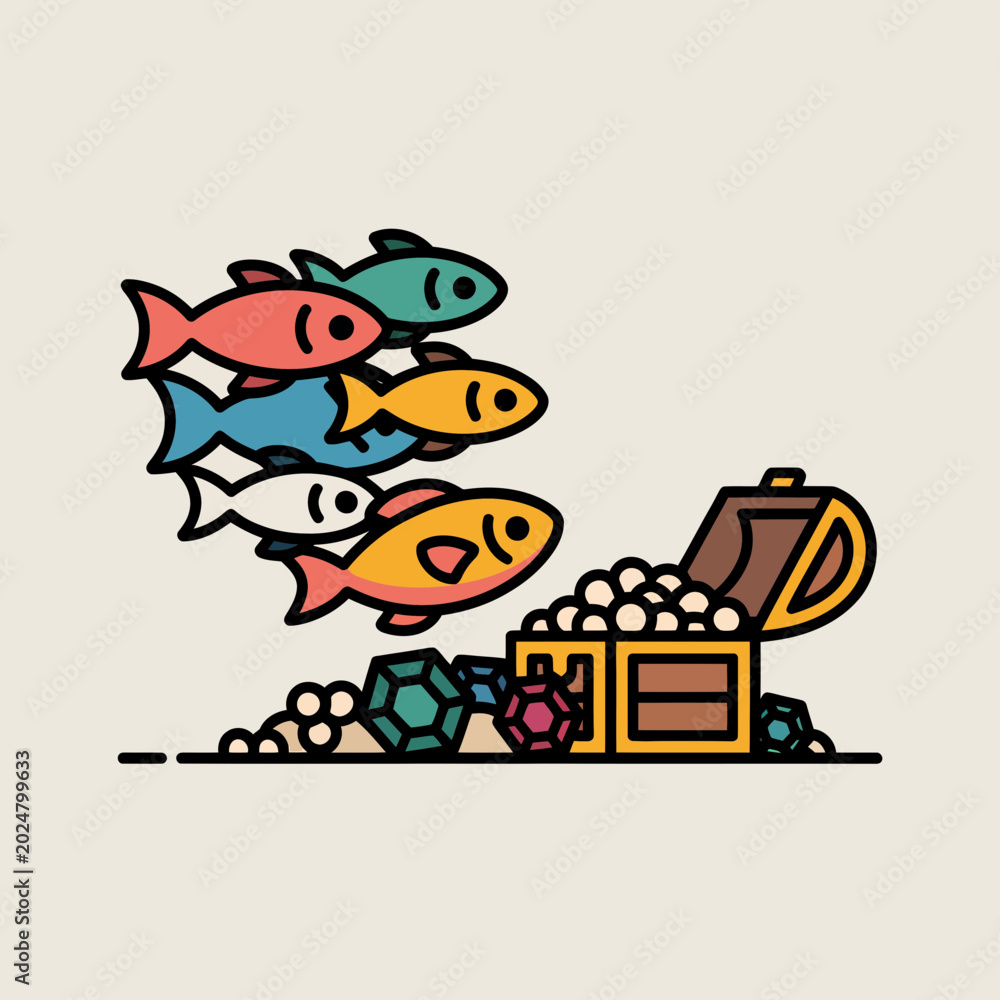 Obraz premium Colorful Fish Swimming Around Treasure Chest