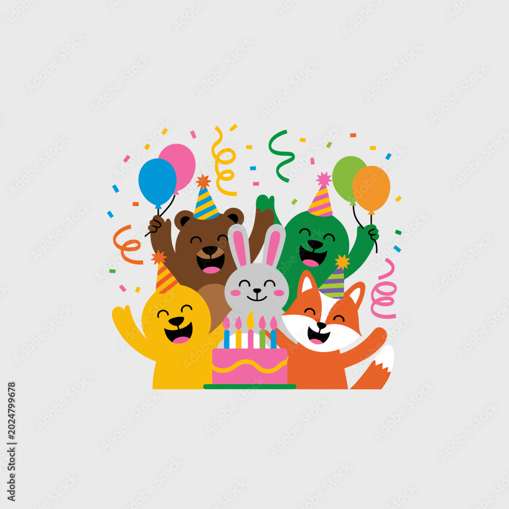 Fototapeta premium Colorful cartoon animals celebrating birthday with cake