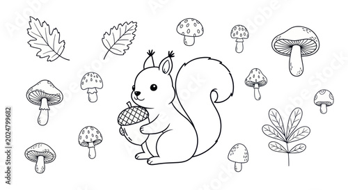 Fotografija Cute Squirrel Holding Acorn Black White Line Art Drawing.