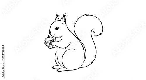 Tableau sur toile Cute Squirrel Holding Acorn Line Art Drawing.