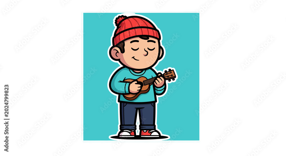 Fototapeta premium cartoon boy playing a ukulele colorful vector illustration on teal background