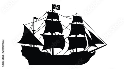 Bild auf Leinwand Pirate ship with skull and crossbones flag black silhouette
