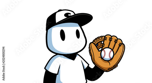 Fotografie cartoon baseball player with glove and ball flat vector illustration on white ba