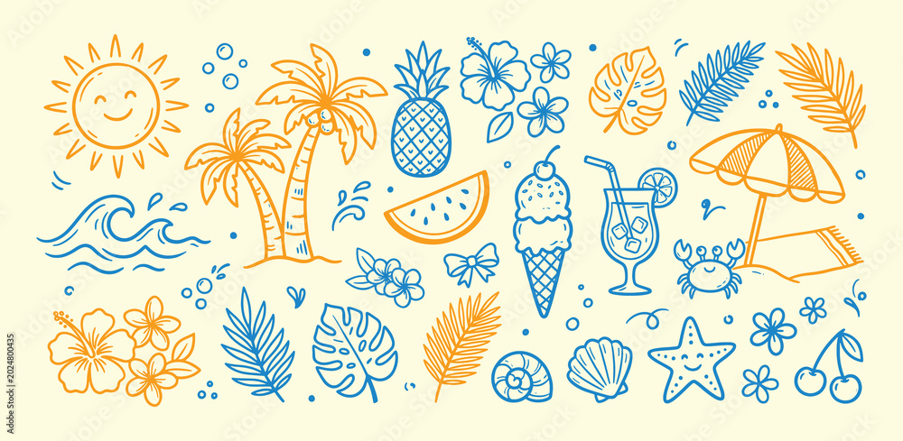 Fototapeta premium Vibrant summer icons collection with tropical elements and refreshing drinks on cream background