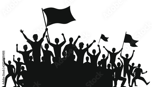 Bilde på lerret Crowd of Silhouetted People Cheering With Flags During a Protest Event
