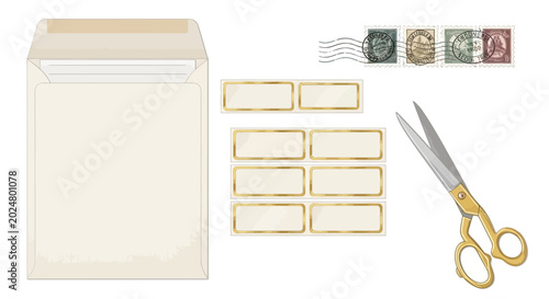 Vintage stationery set with envelope, scissors, and postage stamps for crafting