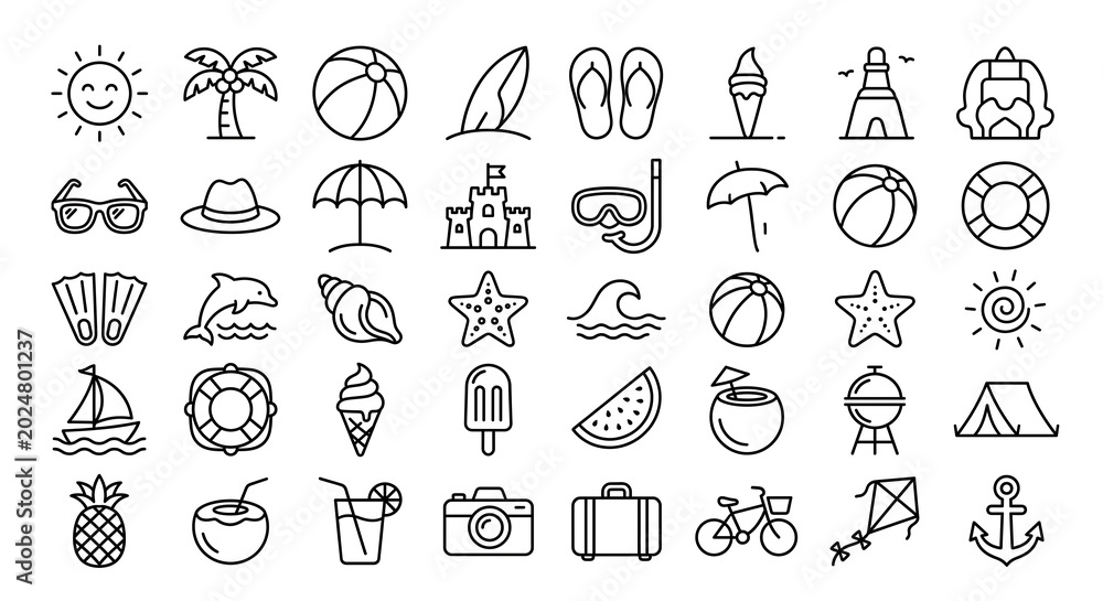 Naklejka premium Set of summer beach and vacation outline icons