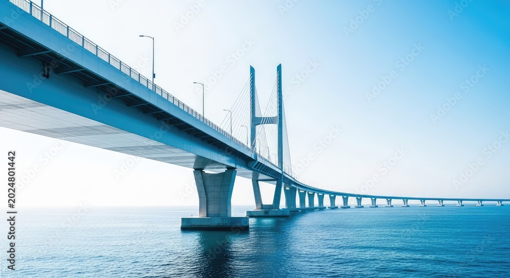 Fototapeta premium A majestic modern bridge spans across the deep blue ocean waters, vanishing into the horizon under a bright clear sky during a calm day, calm, landscape, nautical