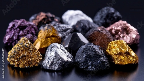 Rare Earth Minerals Display on Reflective Surface, Showcasing Critical Minerals with Dramatic Lighting, Highlighting Industrial Resources and Their Unique Characteristics