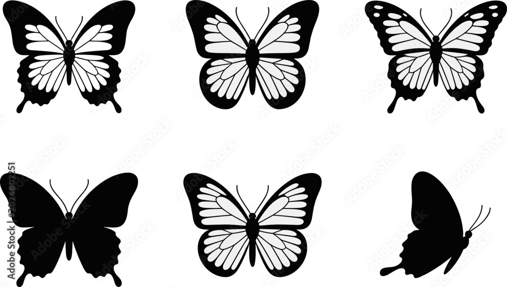 Fototapeta premium Butterfly silhouette collection featuring decorative winged insect designs isolated for nature and artistic illustration projects