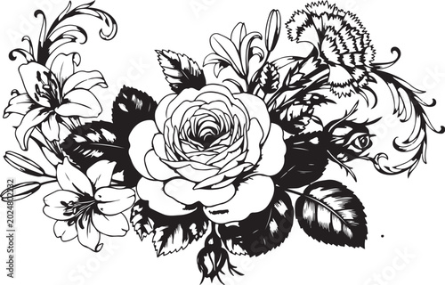 Black and white floral vector, elegant rose flower illustration, botanical design elements, monochrome floral arrangement