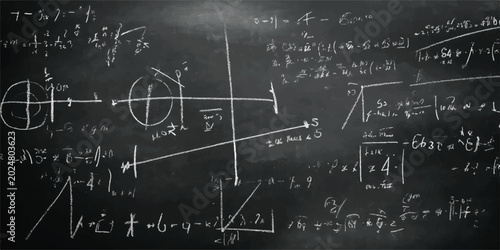 Bild auf Leinwand Mathematical formulas and geometric diagrams on a dark chalkboard with problem s