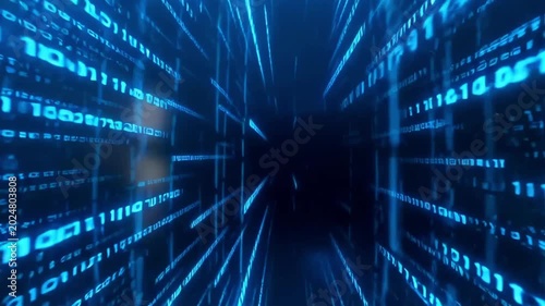 Tracking shot of scrolling binary code rushing through digital tunnel with blue neon light