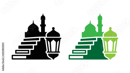 Obraz na płótnie Vector mosque and traditional lantern icons with stairs for Islamic holidays and
