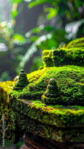 Close up of moss covered stone structures in a lush green environment