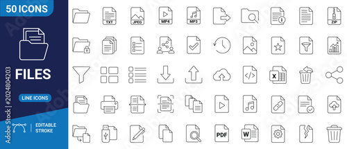 Foto Files set icon featuring minimalist outline illustrations of document management, data organization, and digital archiving