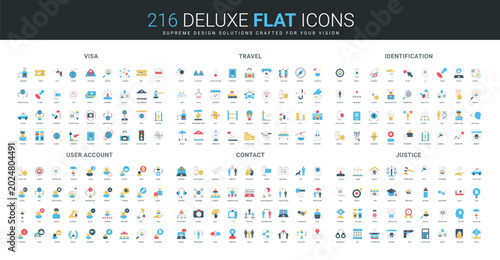 Comprehensive flat icon set covering visa, travel, identification, user account, contact, and justice themes, ideal for digital projects and user interfaces isolated vector illustration