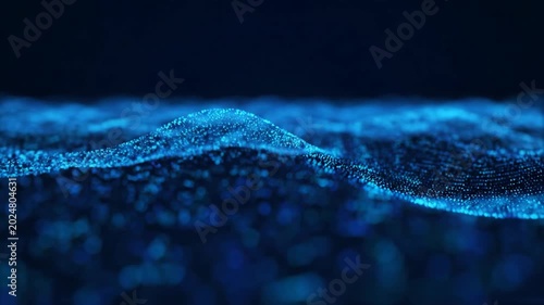 Abstract Blue Digital Waveform Background with Flowing Particles and Data Points.