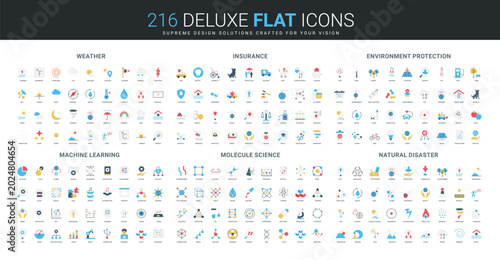 Comprehensive flat icon collection covers weather, insurance, environment protection, machine learning, molecule science, and natural disaster concepts isolated vector illustration
