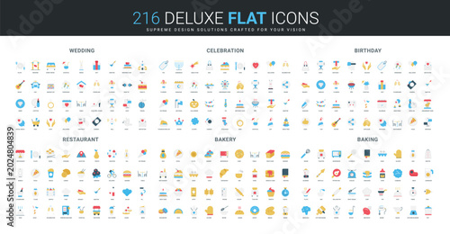 Comprehensive flat icon collection featuring wedding, celebration, birthday, restaurant, bakery, and baking themes with colorful modern symbols isolated vector illustration
