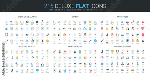 Comprehensive flat icon collection covering work-life balance, stress, antistress, healthy habits, mind process, and modern lifestyle concepts isolated vector illustration