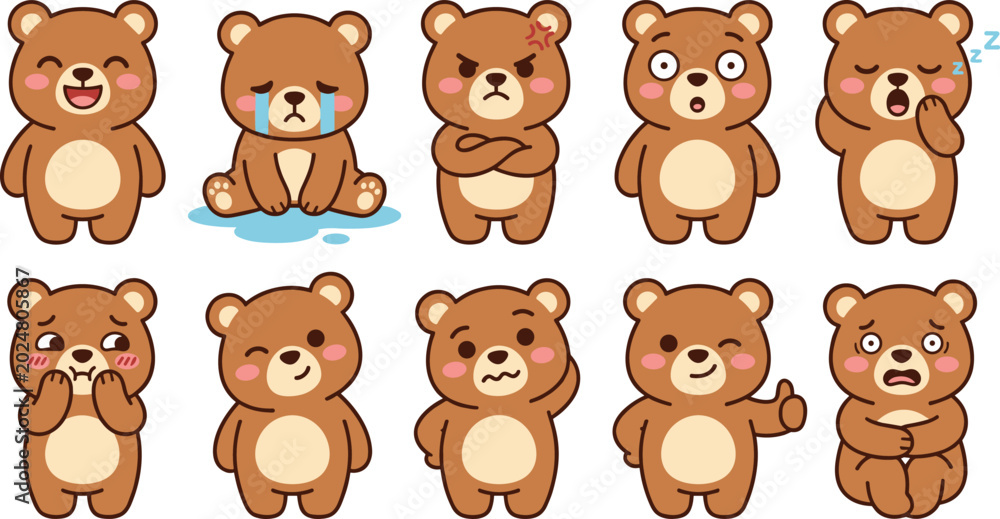 Fototapeta premium Cute Teddy Bear Cartoon Character Collection Showing Happy Crying Angry Surprised Sleeping Shy Confused and Scared Emotions for Vector Illustration Designs
