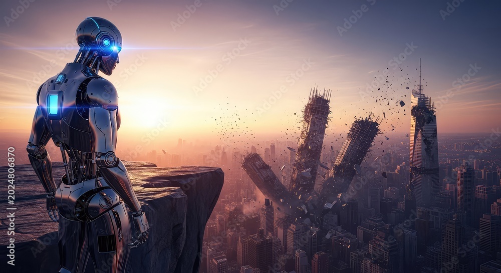 Naklejka premium A sleek metallic robot stands at the edge of a rocky precipice, observing a crumbling metropolitan landscape as skyscrapers fall to ruins, outlook, height, electronics