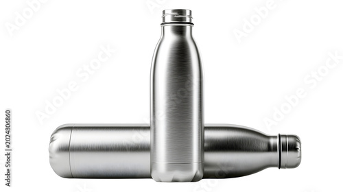 stainless steel reusable water bottle with smooth reflections isolated on white background