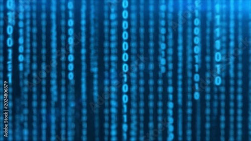 Digital Data Stream Background with Binary Code and Blue Light Flare.