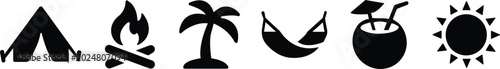 Photos A collection of black silhouette icons represents summer vacation activities including camping, a campfire, palm trees, a hammock, and a tropical