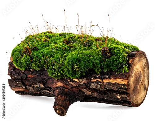 Close up of moss growing on a log against a white background studio shot