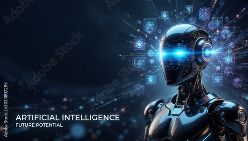 Futuristic AI Robot with Glowing Blue Eyes and Digital Particle Network, Artificial Intelligence Future Potential Concept