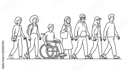 Foto Diverse Group of People Walking Together Line Art Illustration
