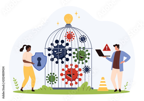 Canvas-taulu Tiny characters secure dangerous computer viruses inside a cage using shield and