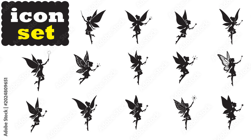 Fototapeta premium Magical Fairy Silhouette Icon Set, Fantasy Fairy Vector Illustration Collection