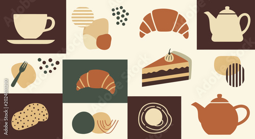 Fotografie Assortment of baked goods and beverages in a minimalist, earthy color palette