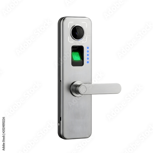 Modern Electronic Door Lock with Keypad and Green Light on White Background
