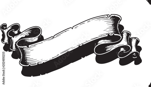 Vintage scroll banner, black and white illustration, ribbon label, decorative element