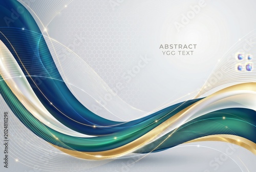 Abstract smooth flowing waves in blue, green and gold on light grey background with copy space
