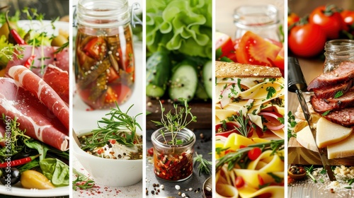 Mediterranean food collage with assorted sliced cured meats olives vegetables and fresh herbs.