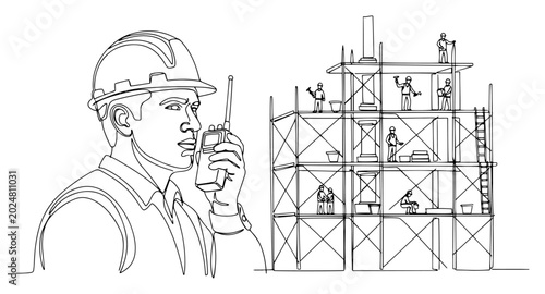 Bild auf Leinwand One line art of a construction foreman with walkie talkie and workers on scaffol