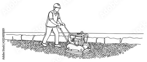 Tableau sur toile Construction worker operating plate compactor on gravel surface in minimalist li